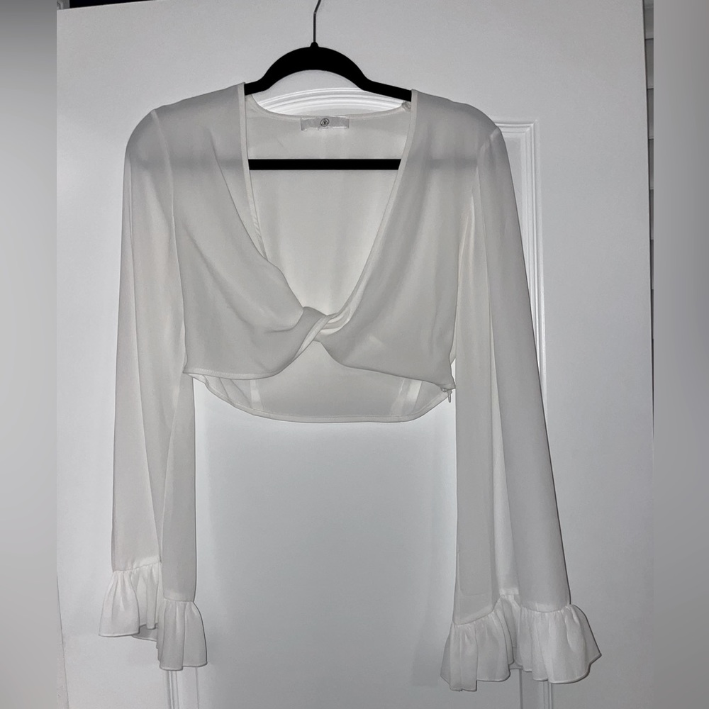 Misguided White Crop Blouse with ruffle sleeve